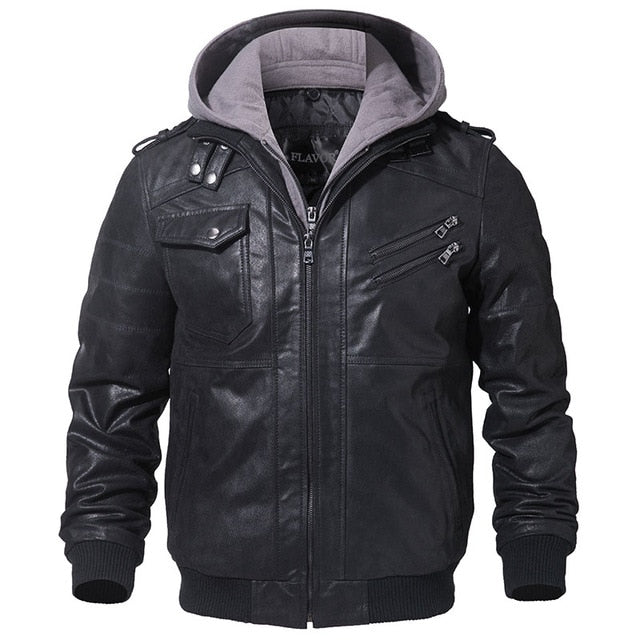 Men's Real Leather Jacket Men Motorcycle Removable Hood winter coat Men Warm Genuine Leather Jackets - LiveTrendsX