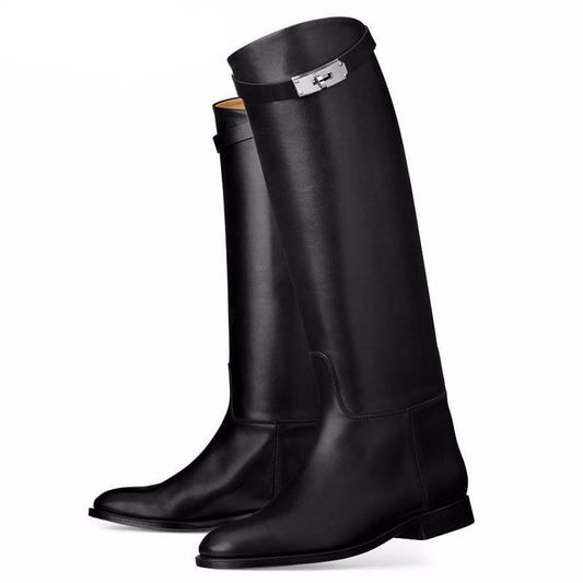 Designer Genuine Leather Long Boots Sexy Woman Motorcycle Booties Belt Strap Metal Shark Lock flat heel Knee High Boots - LiveTrendsX