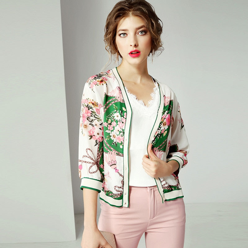 High Quality 100% Silk Jacket Women Lightweight Fabric Printed Long Sleeves Casual Bomber Coat Fashion Style New Fashion 2019 - LiveTrendsX