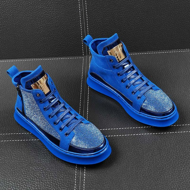 Men High Top Gold Glitter Sneakers Lace Up Crystal Platform Blue Flats Gold Shoes Man krasovki Bling Silver Snickers Shoes - LiveTrendsX