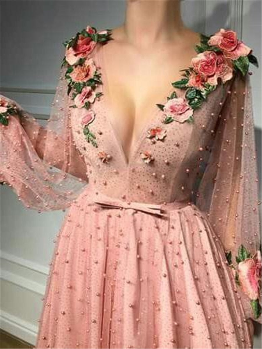 A-line Prom Dresses V neck Pink Long Prom Dress Evening Dresses With 3D Flower Long Sleeves Evening Gowns - LiveTrendsX