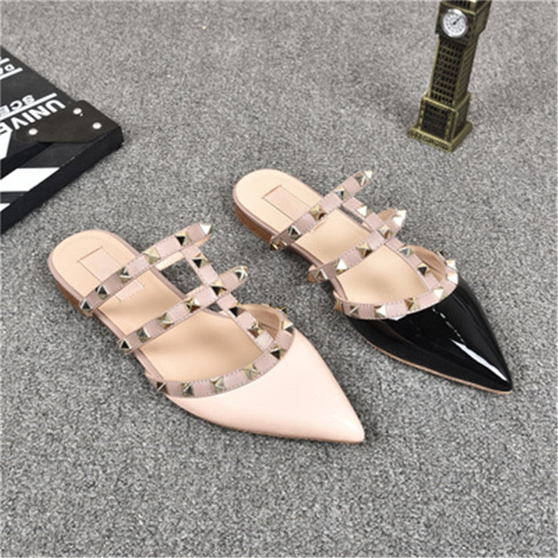 Rivet flat sandals cow leather  women luxury brand shoes female fashion geuine leather  branded leather shoes lady - LiveTrendsX