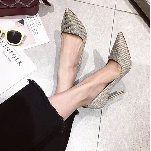 women glitter medium heels sparkling high gold pumps shoes black golden party thin sandals evening size 4 34 pointed toe - LiveTrendsX