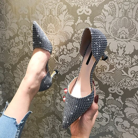 women glitter medium heels sparkling high gold pumps shoes black golden party thin sandals evening size 4 34 pointed toe - LiveTrendsX