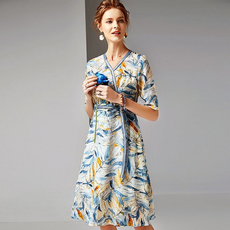 Dress Women 100% Silk Fabric Printed v Neck Half Sleeves High Waist Sashes Casual Style Dress - LiveTrendsX