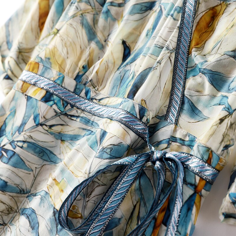 Dress Women 100% Silk Fabric Printed v Neck Half Sleeves High Waist Sashes Casual Style Dress - LiveTrendsX