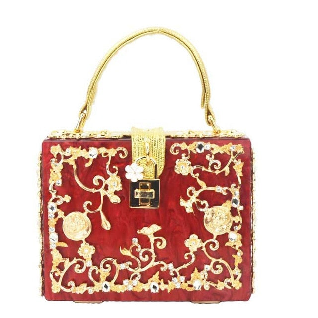 Fashion Box evening bag diamond flower Clutch Bag hollow relief Acrylic luxury handbag banquet party purse women's Shoulder bag - LiveTrendsX