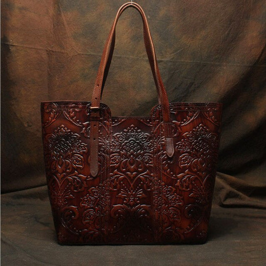 High Quality Flower Pattern Vintage Brown Coffee Thick Genuine Leather Women Handbags Lady Shoulder Bag Woman Totes M113 - LiveTrendsX