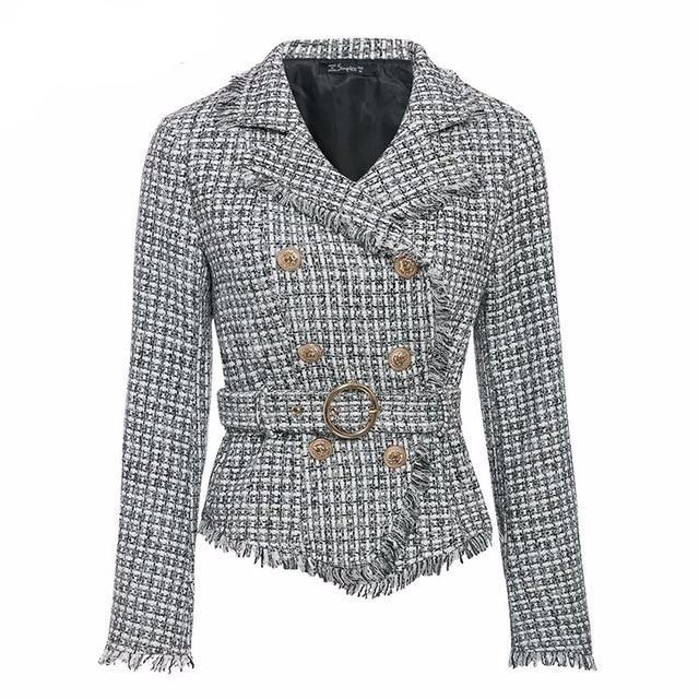 Plaid frayed edge tweed jacket coat Women v-neck double breasted button belt ladies coat Long sleeve outwear blazer coat - LiveTrendsX