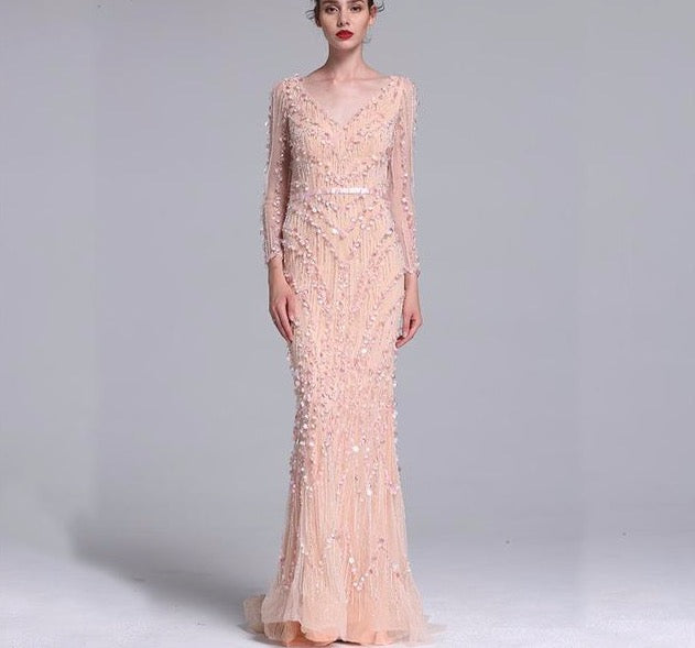 Luxury Pink Navy Blue Beading Mermaid Tulle Evening Dress V-Neck Long Sleeves Elegant Evening Gowns 2020 - LiveTrendsX