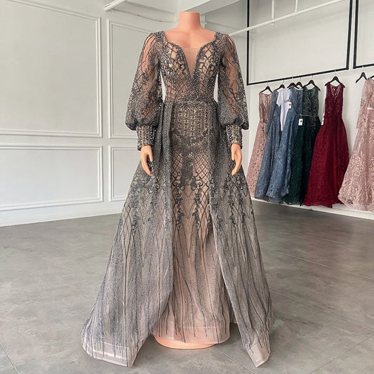 Puffy Long Sleeve Women Beaded Lace Formal Evening Party Gowns - LiveTrendsX