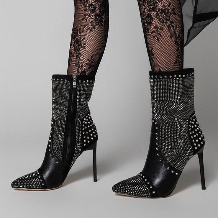 Punk Style Autumn Rivet Crystal Decor Women Ankle Boots - LiveTrendsX