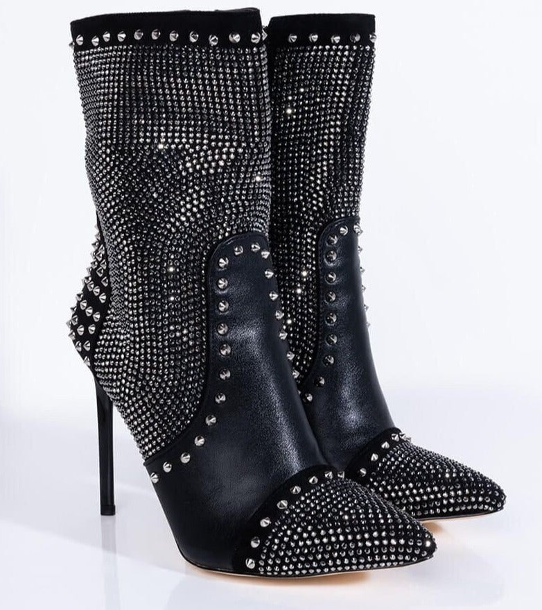 Punk Style Autumn Rivet Crystal Decor Women Ankle Boots - LiveTrendsX