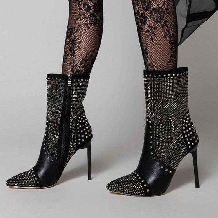 Punk Style Autumn Rivet Crystal Decor Women Ankle Boots - LiveTrendsX