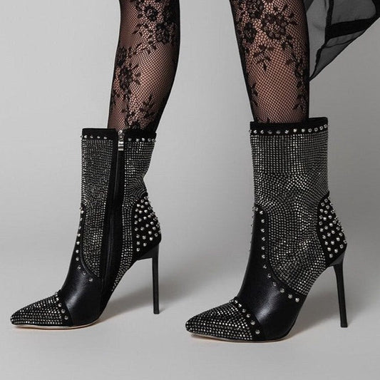 Punk Style Autumn Rivet Crystal Decor Women Ankle Boots - LiveTrendsX
