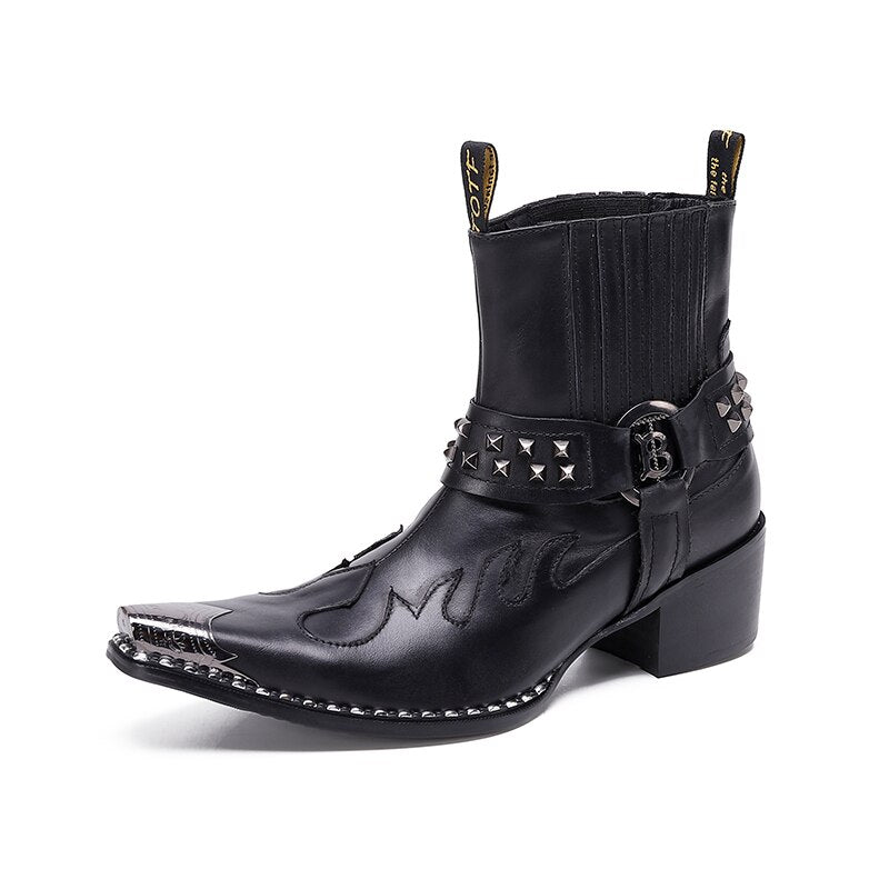 Punk Style Rivets Men Cowboy Short Boots Mid Heel - LiveTrendsX