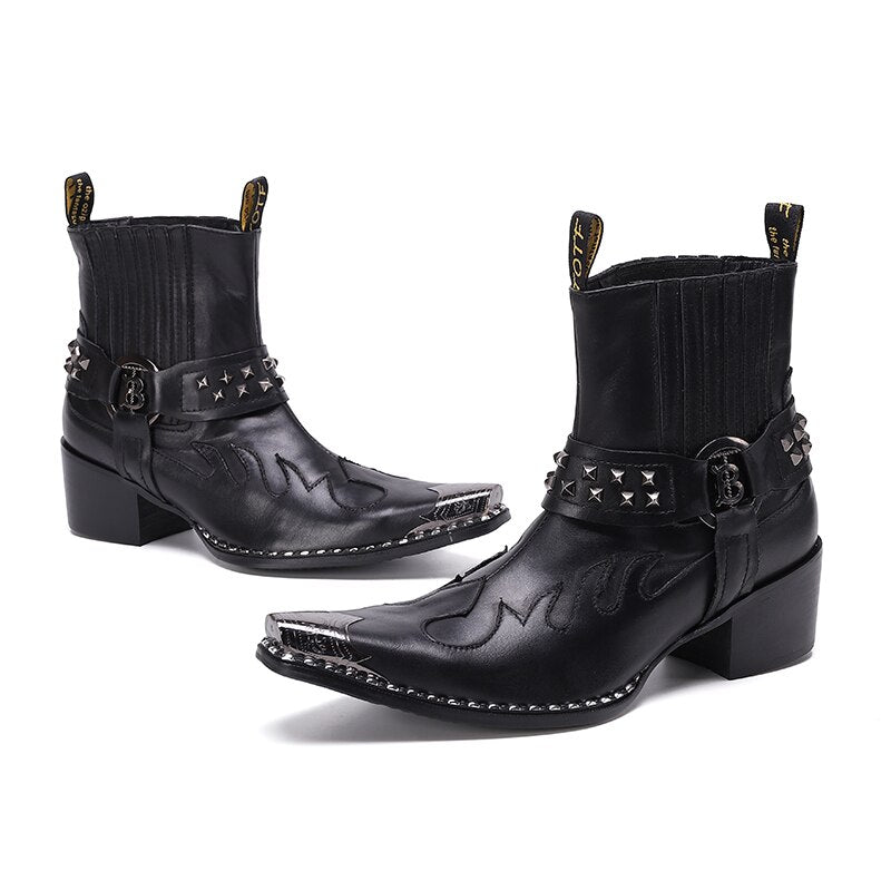Punk Style Rivets Men Cowboy Short Boots Mid Heel - LiveTrendsX