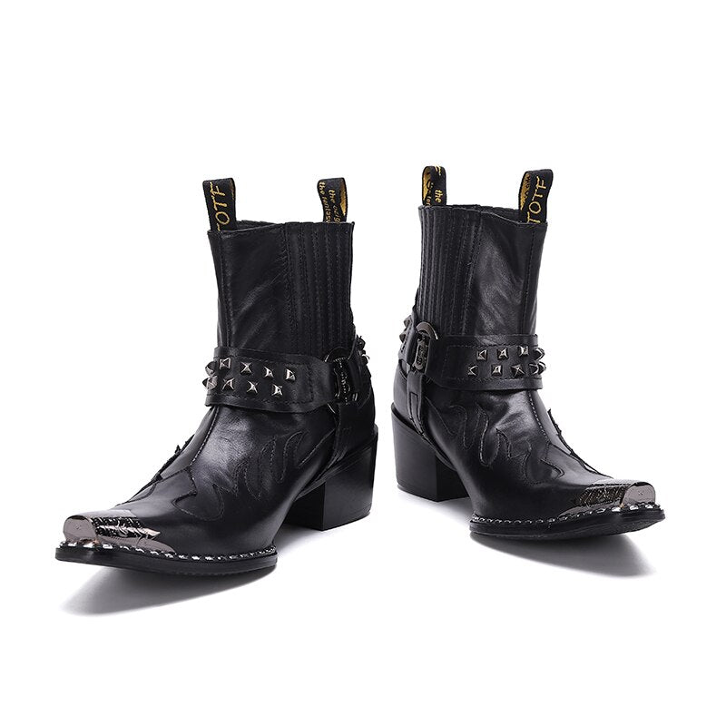 Punk Style Rivets Men Cowboy Short Boots Mid Heel - LiveTrendsX