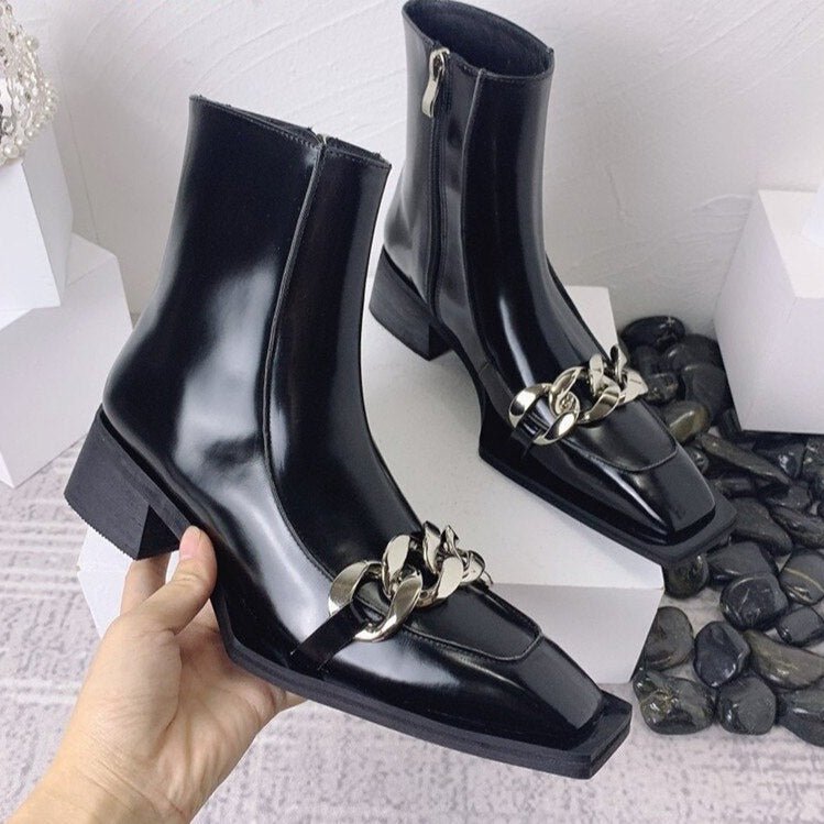 Punk Style Women Leather Square Toe Ankle Boots - LiveTrendsX
