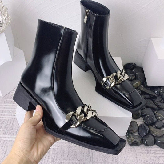 Punk Style Women Leather Square Toe Ankle Boots - LiveTrendsX