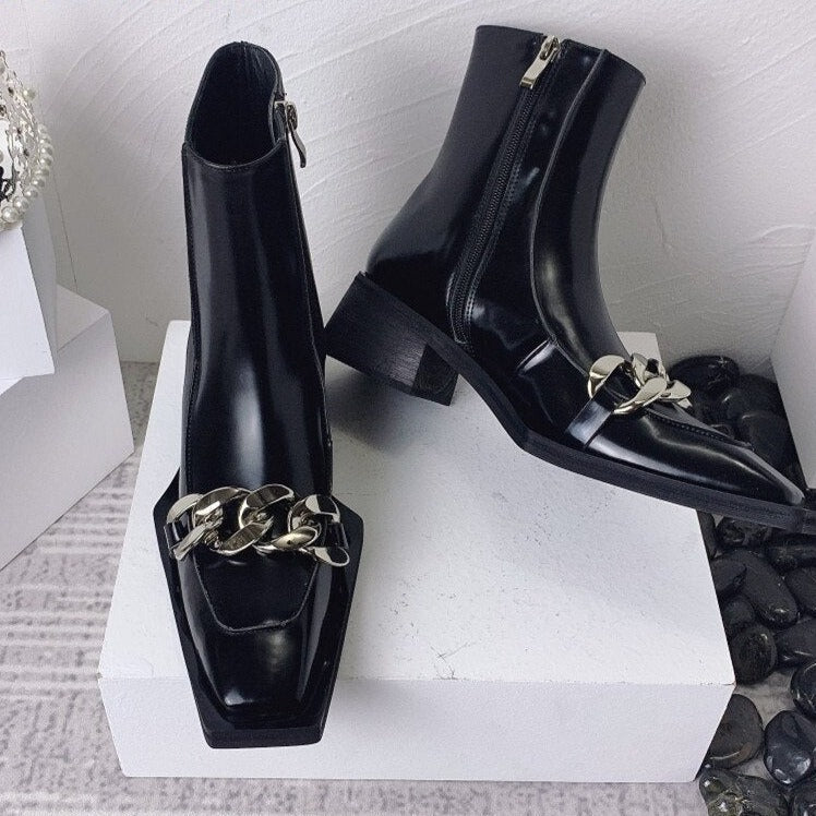 Punk Style Women Leather Square Toe Ankle Boots - LiveTrendsX