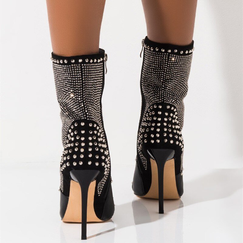 Punk Women Rivet Crystal Martin Boots High Heels Party Shoes - LiveTrendsX