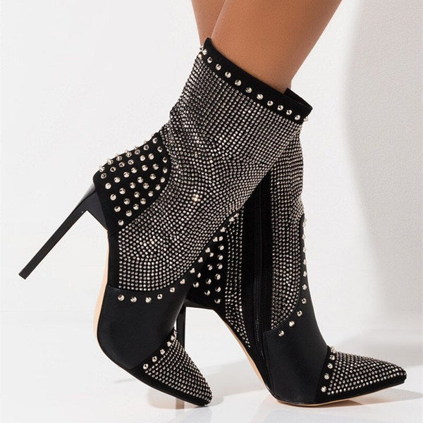 Women's Rivet and Crystal Stiletto Ankle Boots - pair front angled view