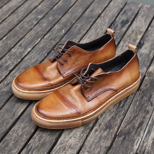 Retro trend sneakers genuine leather round toe handmade casual shoes - LiveTrendsX