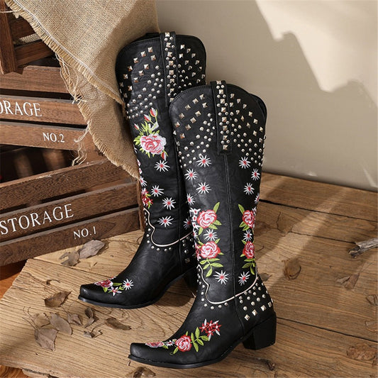 Retro Vintage Embroidery Women's Knee High Shoes - LiveTrendsX