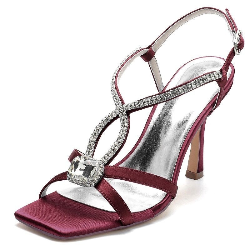Rhinestone square toe stiletto high - heeled silk sandals - LiveTrendsX