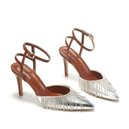 Rhinestone Tassel Chain Word with Stiletto Heel Sandals - LiveTrendsX