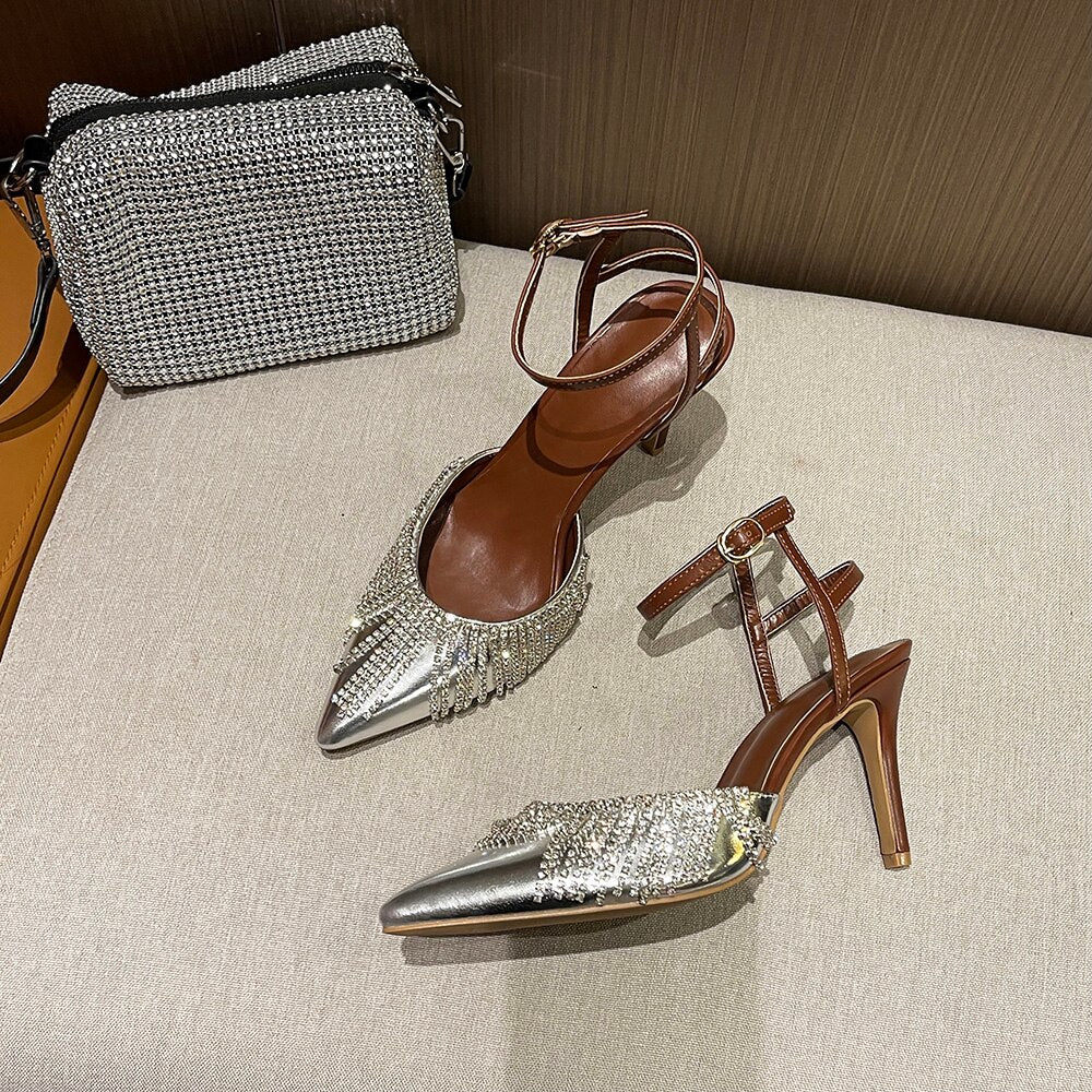 Rhinestone Tassel Chain Word with Stiletto Heel Sandals - LiveTrendsX