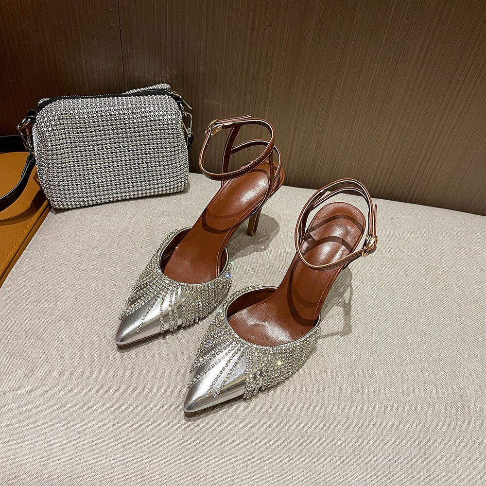 Rhinestone Tassel Chain Word with Stiletto Heel Sandals - LiveTrendsX