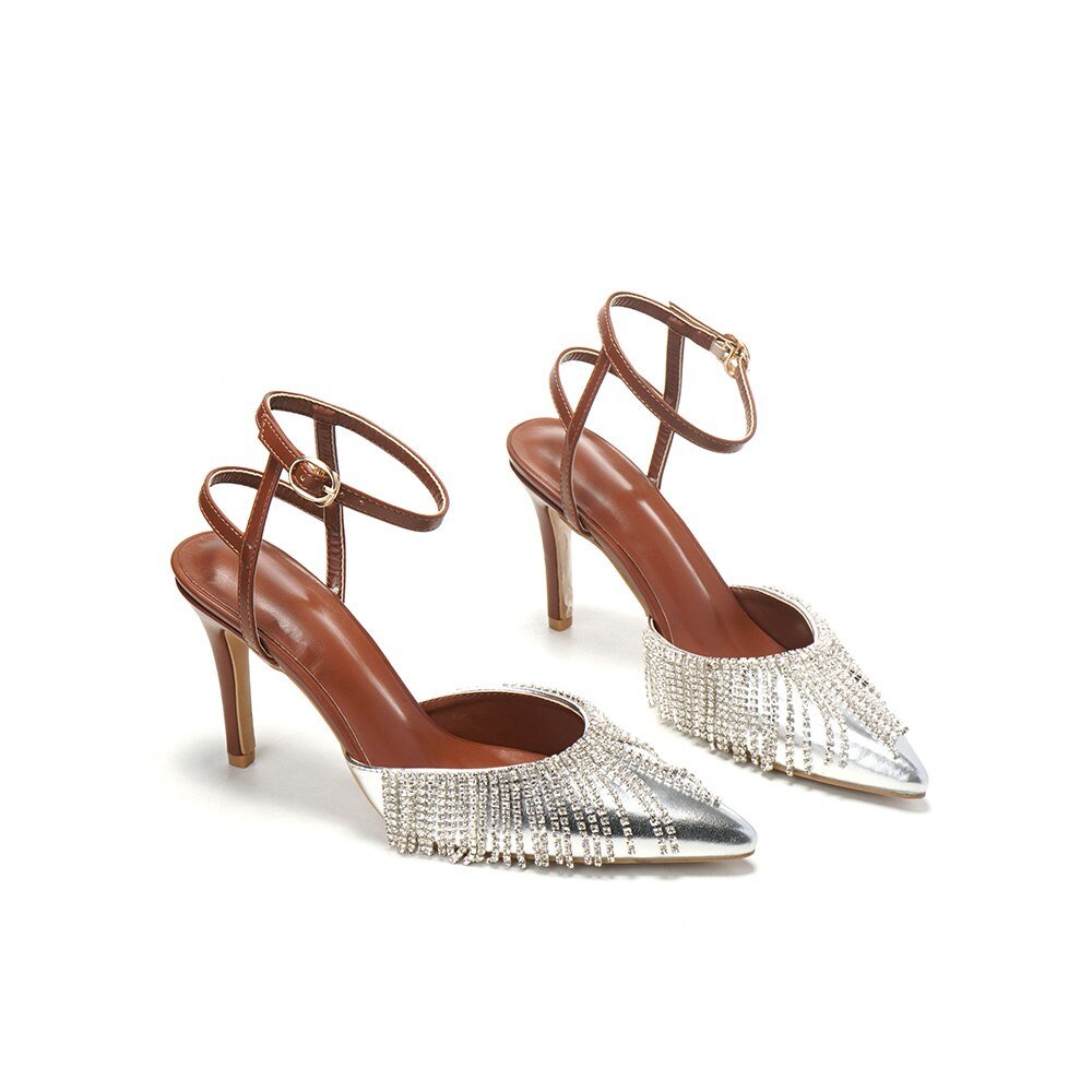 Rhinestone Tassel Chain Word with Stiletto Heel Sandals - LiveTrendsX