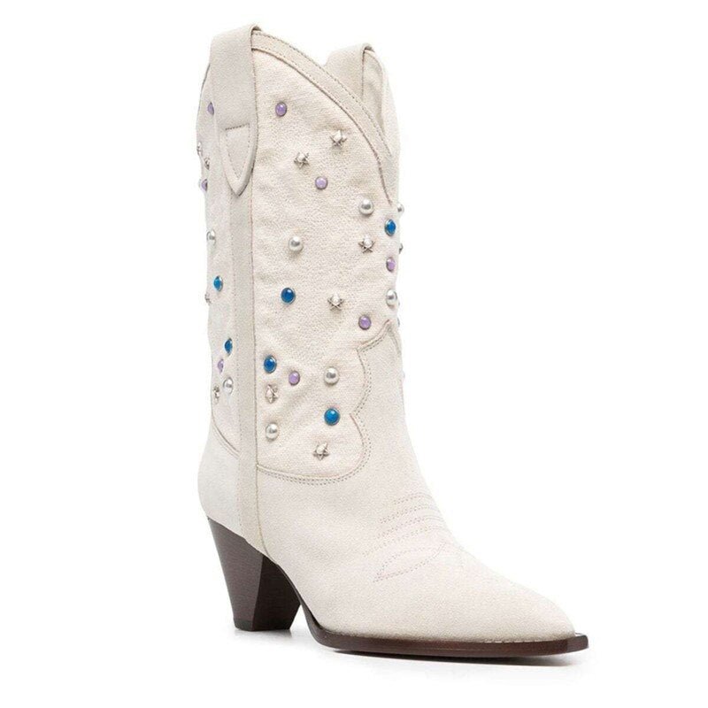 Roman Cow Suede White Denim Patchwork Spike heel Boots - LiveTrendsX