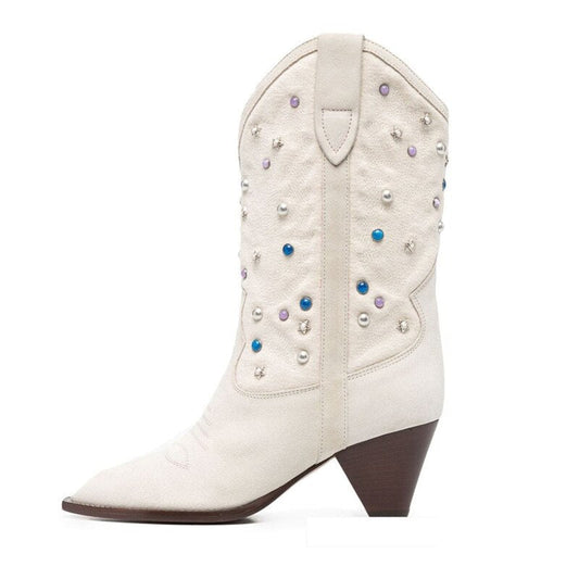 Roman Cow Suede White Denim Patchwork Spike heel Boots - LiveTrendsX