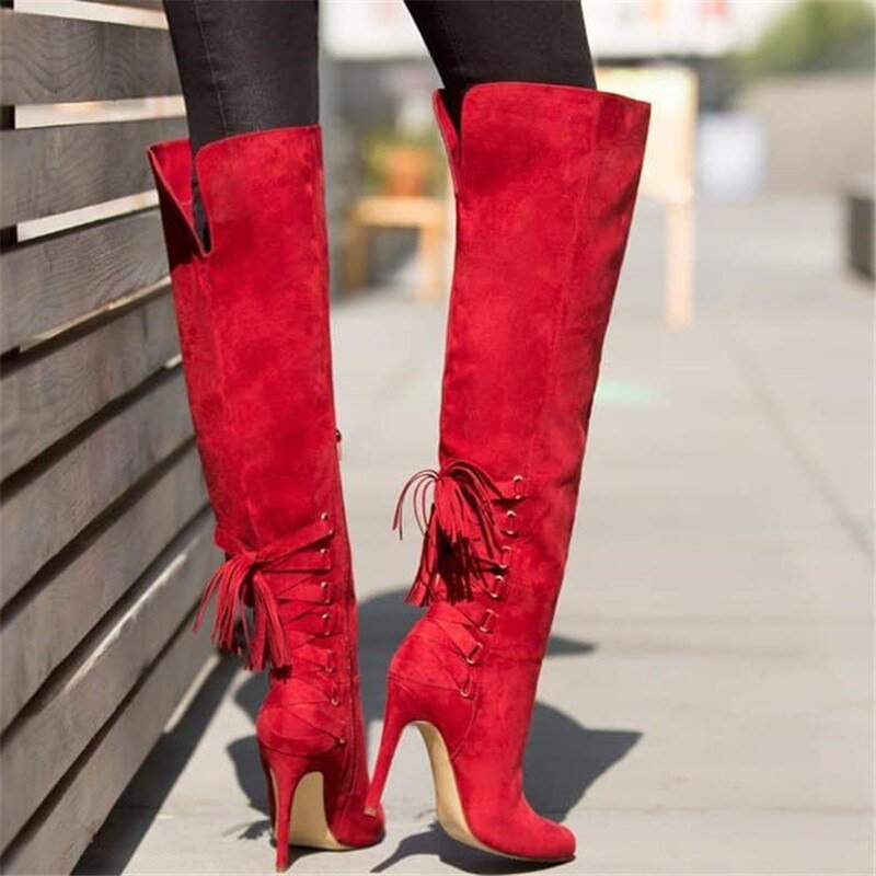 Roman Cross tied Pointed Toe Shoes Woman Suede Leather Long Boots - LiveTrendsX