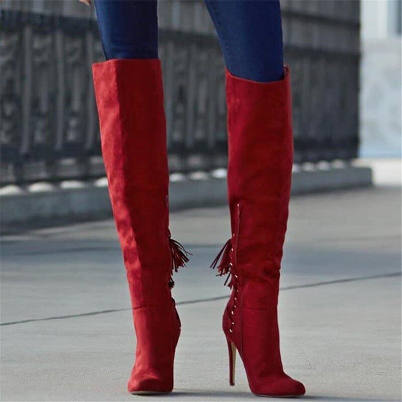 Roman Cross tied Pointed Toe Shoes Woman Suede Leather Long Boots - LiveTrendsX