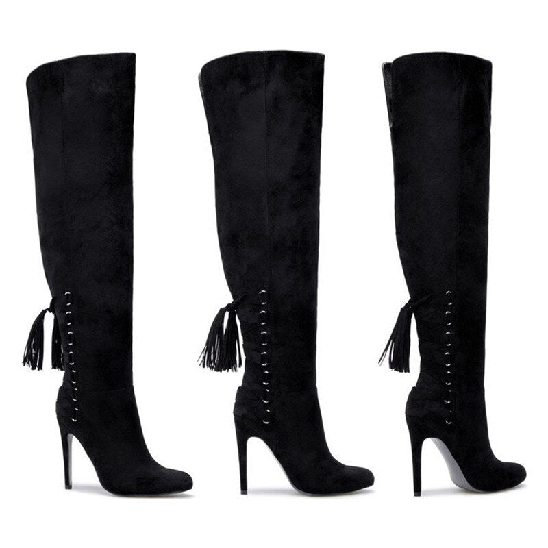 Roman Cross tied Pointed Toe Shoes Woman Suede Leather Long Boots - LiveTrendsX