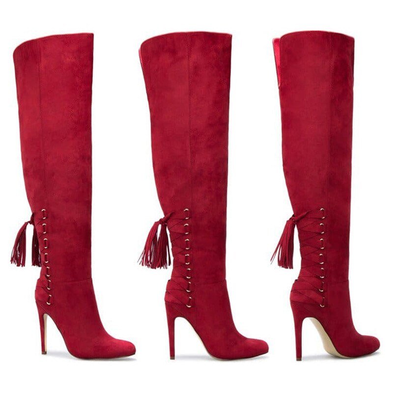 Roman Cross tied Pointed Toe Shoes Woman Suede Leather Long Boots - LiveTrendsX