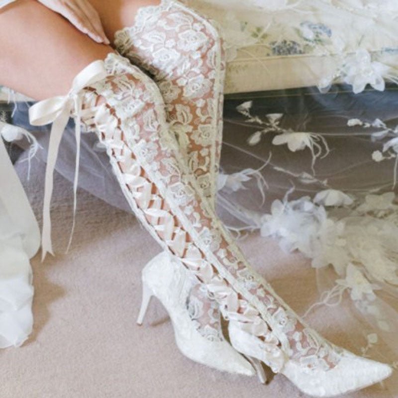 Romantic Floral Lace Ribbons Bandage Over Knee Boots - LiveTrendsX