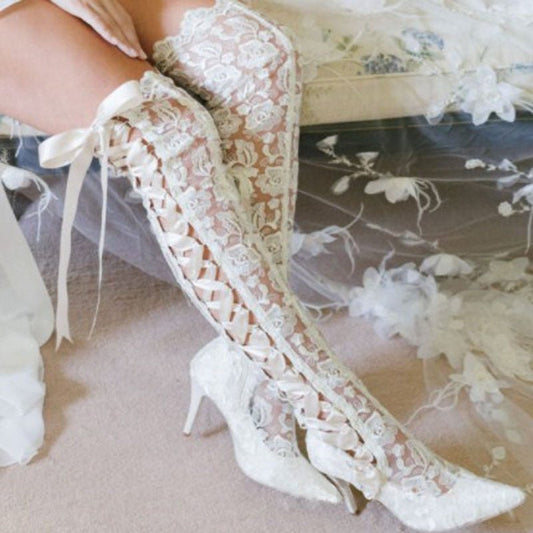 Romantic Floral Lace Ribbons Bandage Over Knee Boots - LiveTrendsX