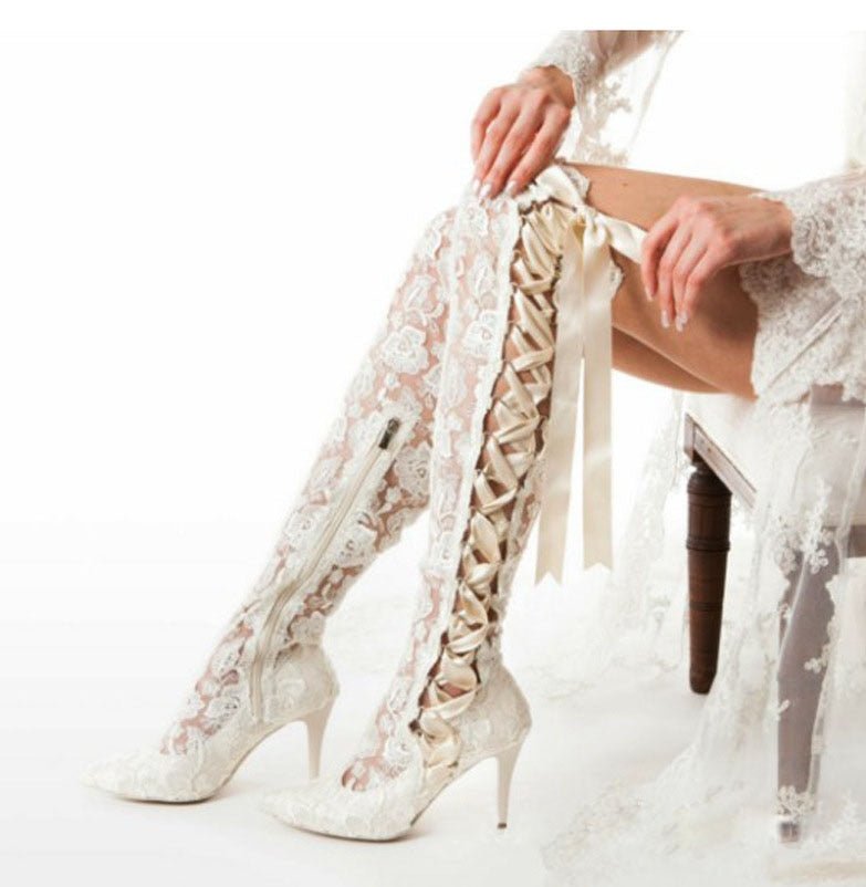 Romantic Floral Lace Ribbons Bandage Over Knee Boots - LiveTrendsX