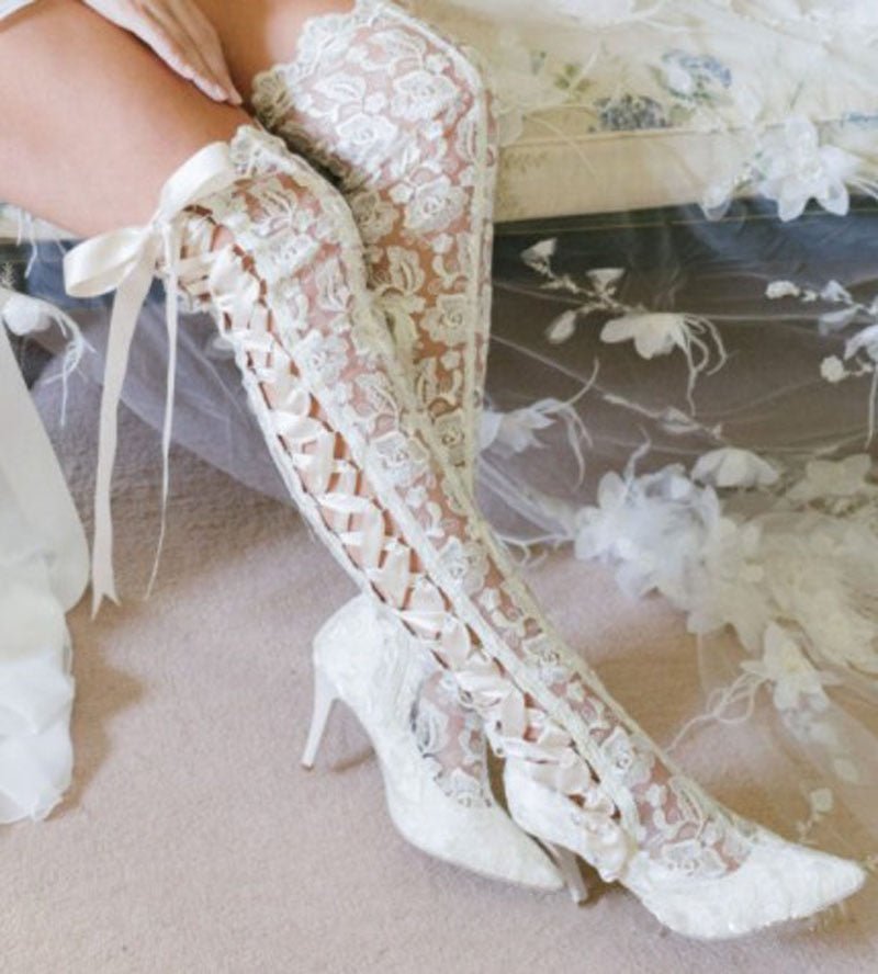 Romantic Floral Lace Ribbons Bandage Over Knee Boots - LiveTrendsX