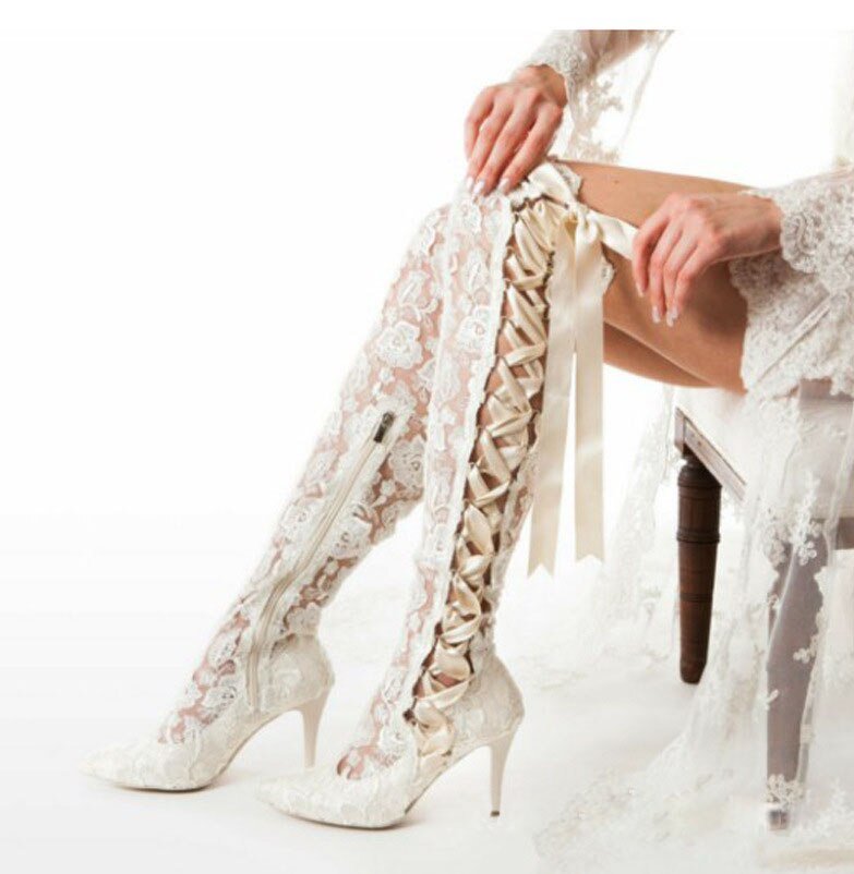 Romantic Floral Lace Ribbons Bandage Over Knee Boots - LiveTrendsX