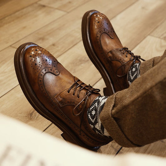 Round toe brogue engraved business casual leather shoes - LiveTrendsX