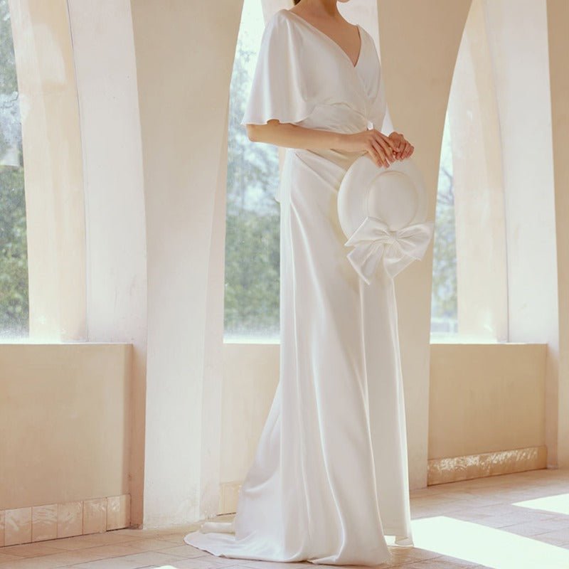 Ruffled Backless V - Shape White Satin Wedding Dress - LiveTrendsX