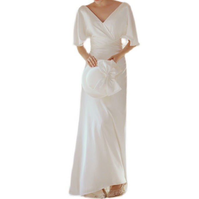 Ruffled Backless V - Shape White Satin Wedding Dress - LiveTrendsX