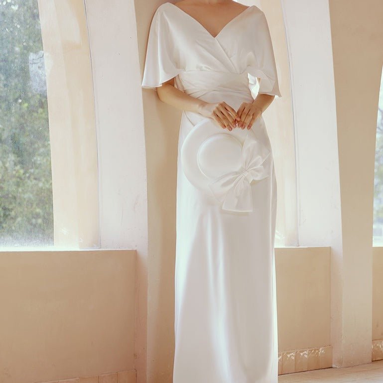 Ruffled Backless V - Shape White Satin Wedding Dress - LiveTrendsX