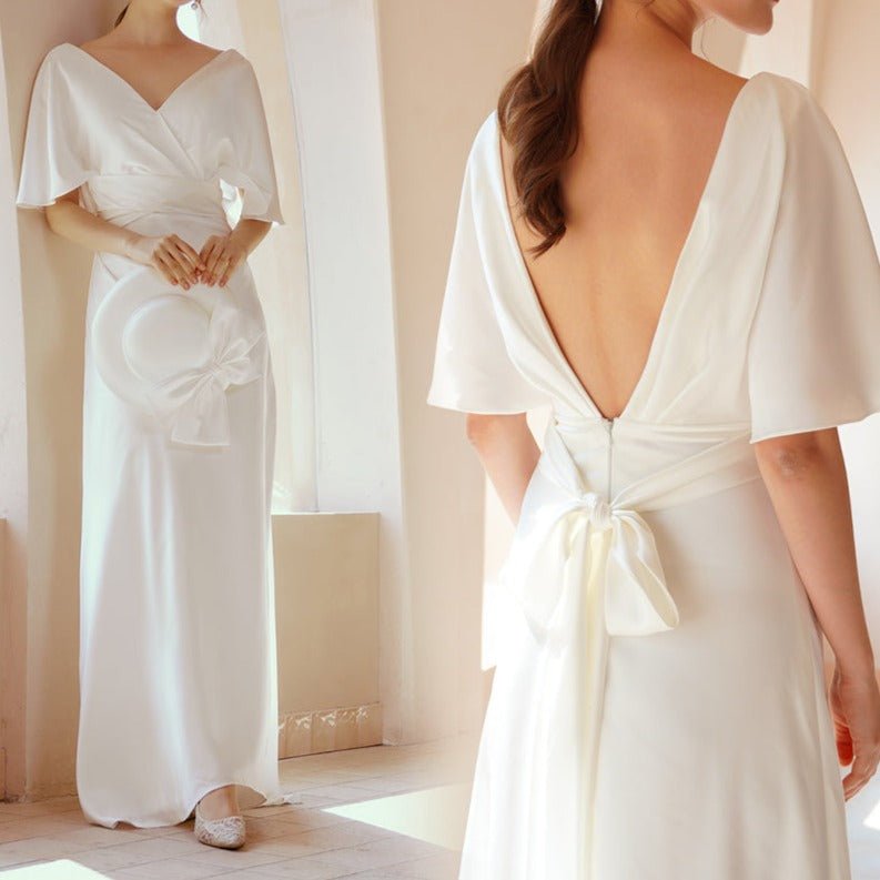 Ruffled Backless V - Shape White Satin Wedding Dress - LiveTrendsX